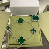 [Aethel]CLOVER 5 MOTIFS SIVLER MALACHITE BRACELET