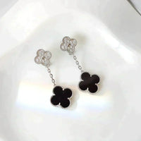 [Aethel]CLOVER 2 MOTIFS  DIAMOND ONYX EARRINGS SILVER