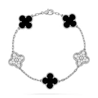 [Aethel]CLOVER 5 MOTIF ONYXS DIAMOND BRACELET SILVER