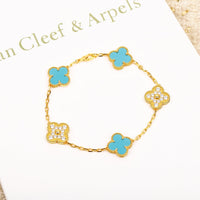 [Aethel]CLOVER 5 MOTIF TURQUOISE DIAMOND GOLD BRACELET